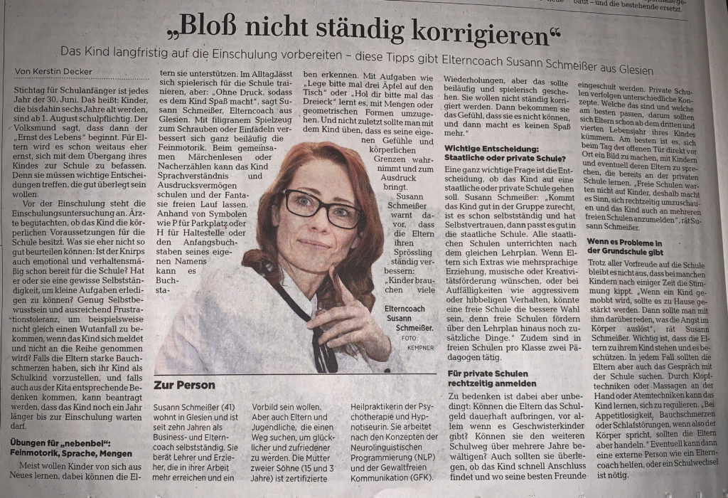 Elterncoach Susann Schmeißer-LVZ Beitrag zur Einschulung